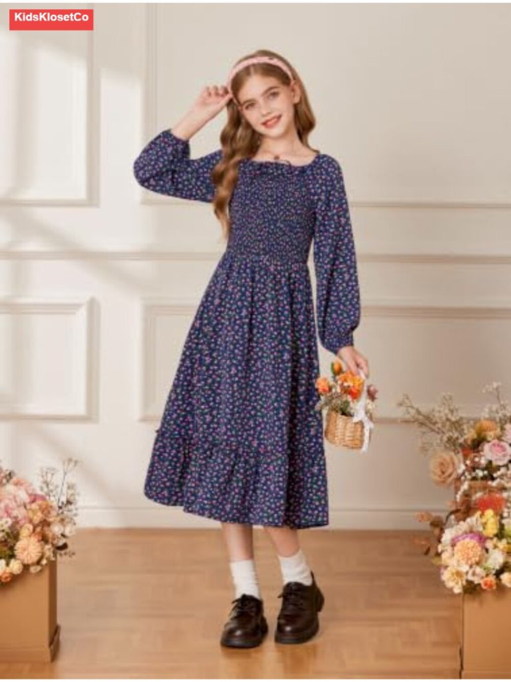 Girls Floral Maxi Dress Long Sleeve Square Neck Smocked Fall Casual 6-14Y - Picture 3 of 6